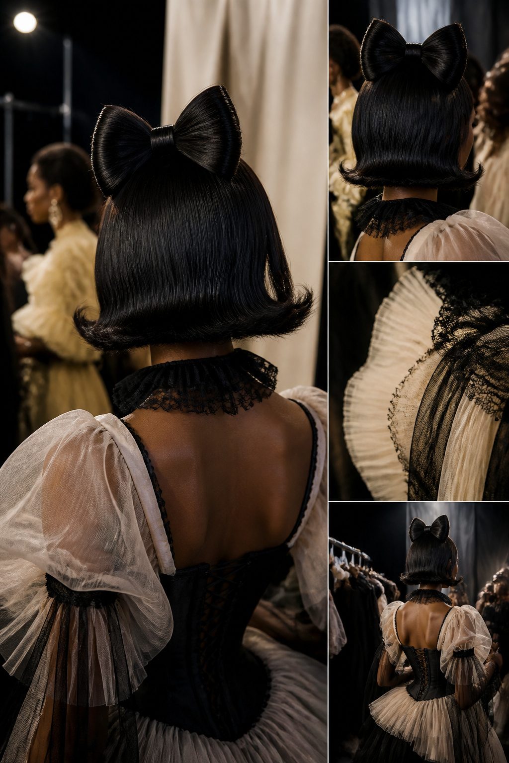 Model with a bowed bob hairstyle made from twists.