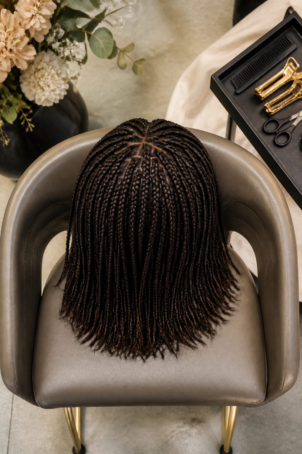 Model with a lob hairstyle featuring micro braids.