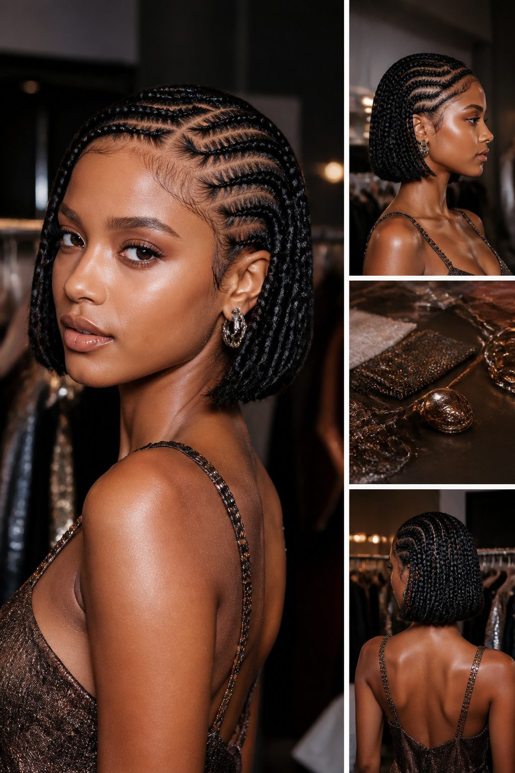Model Tyla with a bob featuring a braided part.