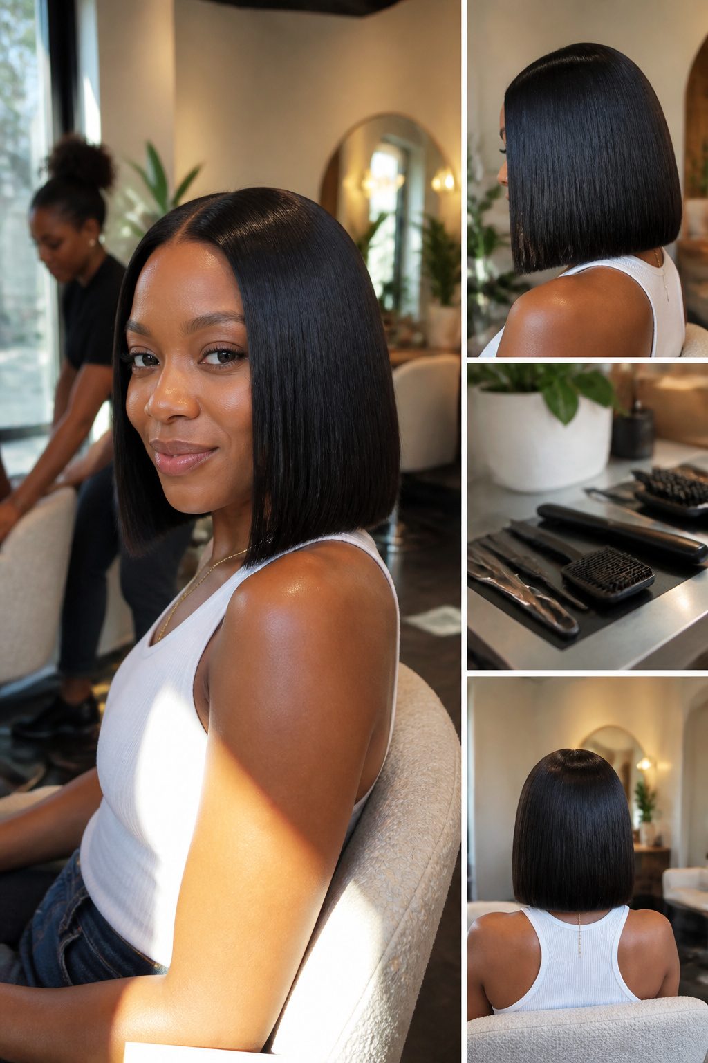 Model Ciara with blunt bangs and a stylish bob.