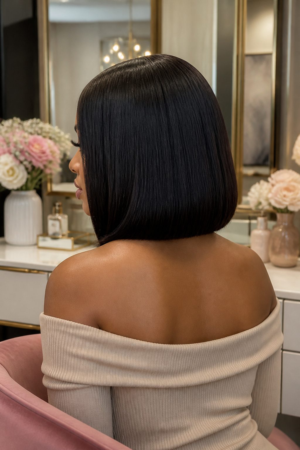 Model with a smoothed lob hairstyle and center part.