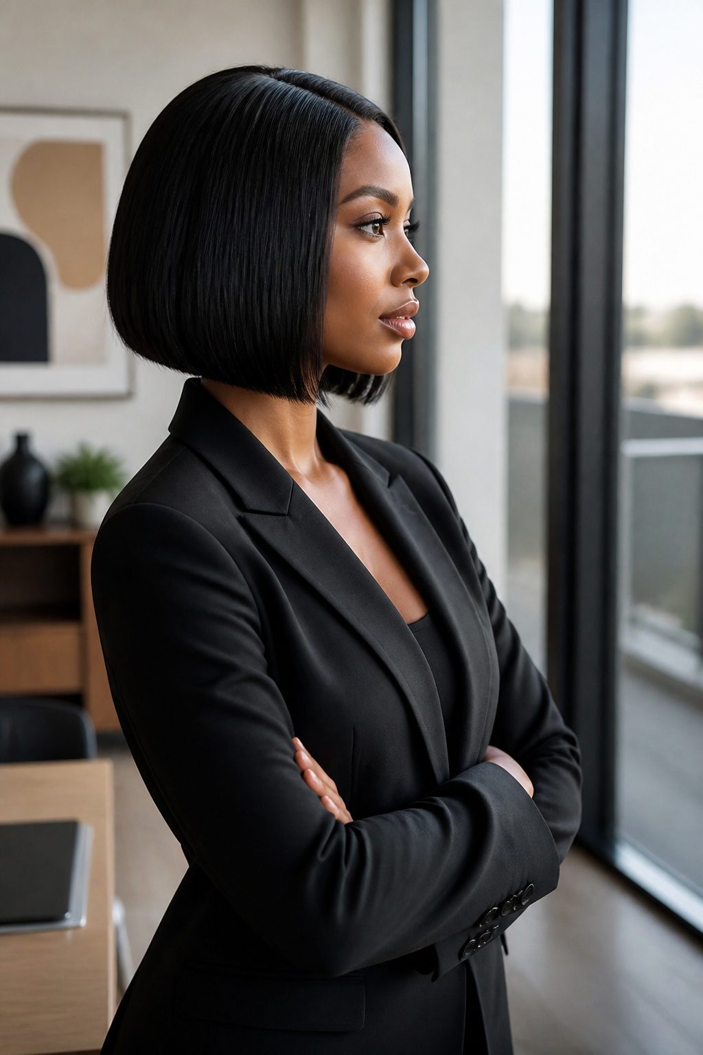 Model with a chic bob hairstyle that has a clean perimeter.