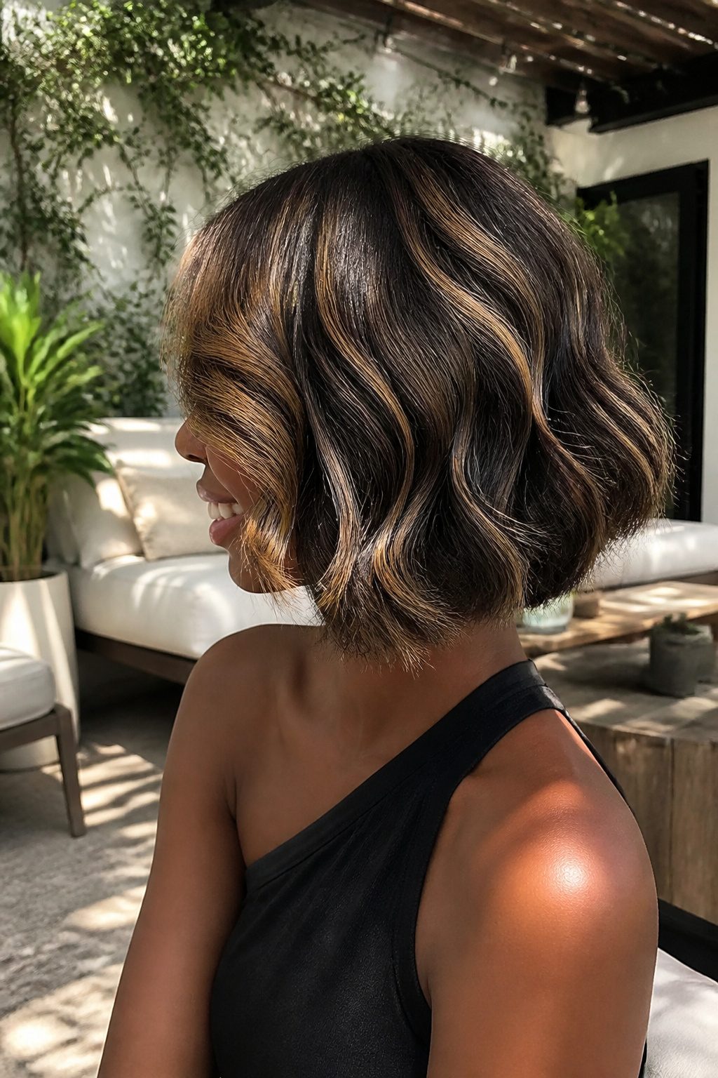 Model with a bob featuring chunky highlights and waves.