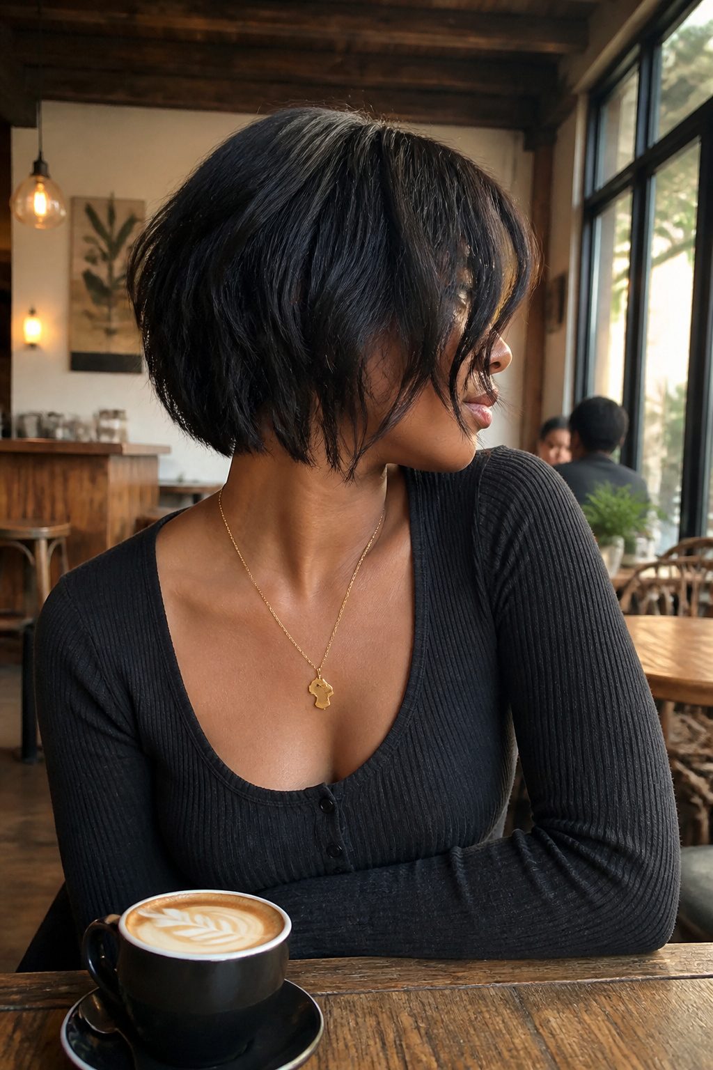 Model with a bob featuring choppy layers and curtain bangs.