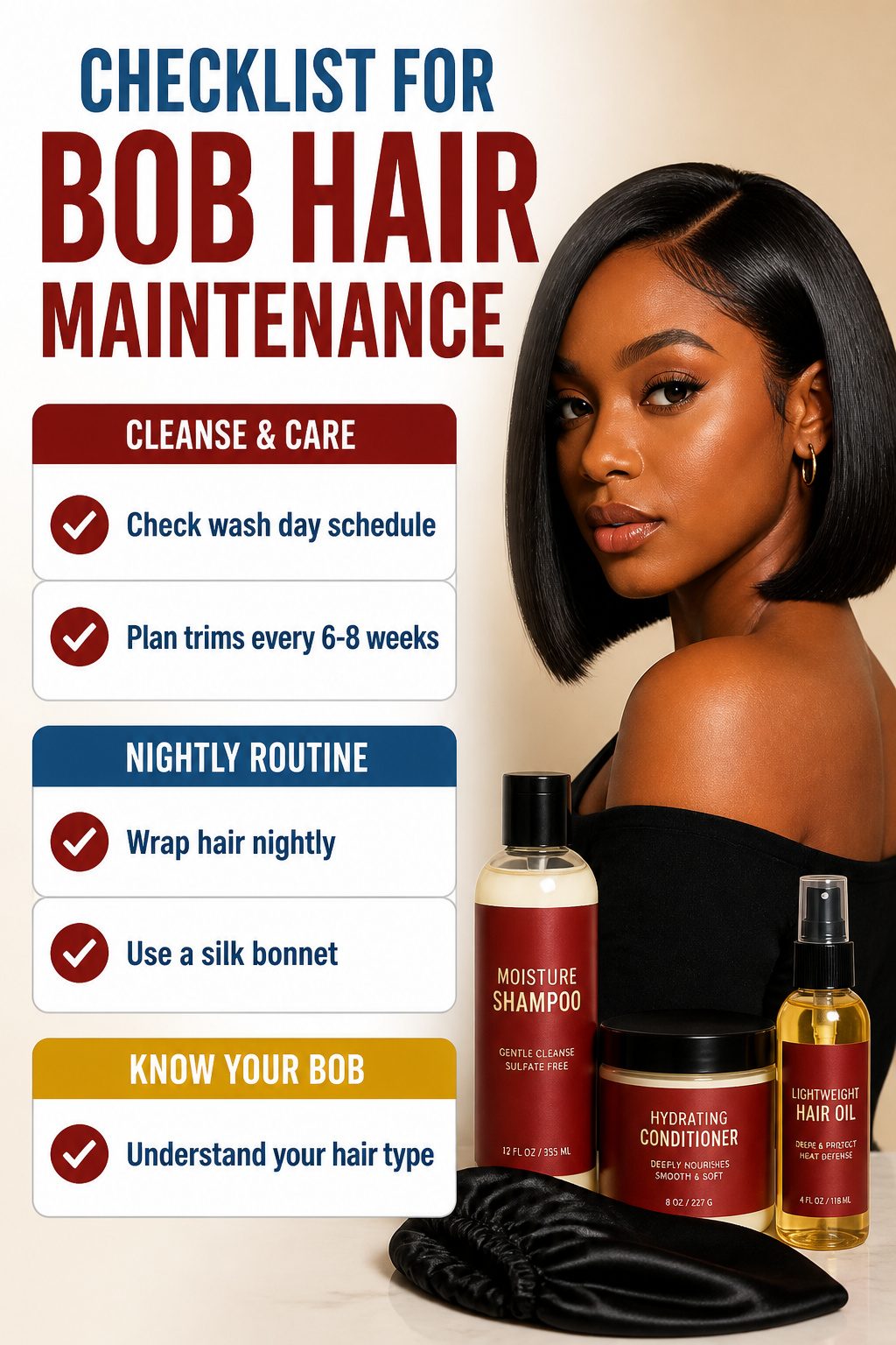Checklist for maintaining a bob hairstyle.