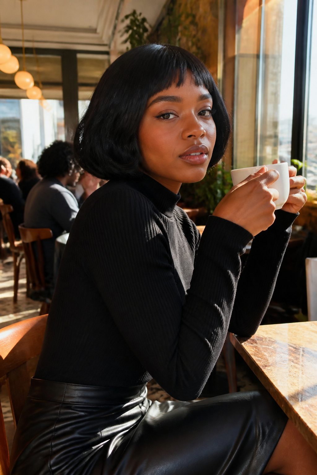 Model with micro bangs styled in a bob haircut.