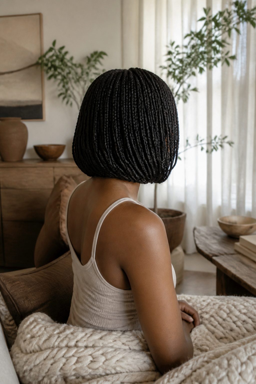 Model with a protective bob hairstyle that tucks ends.