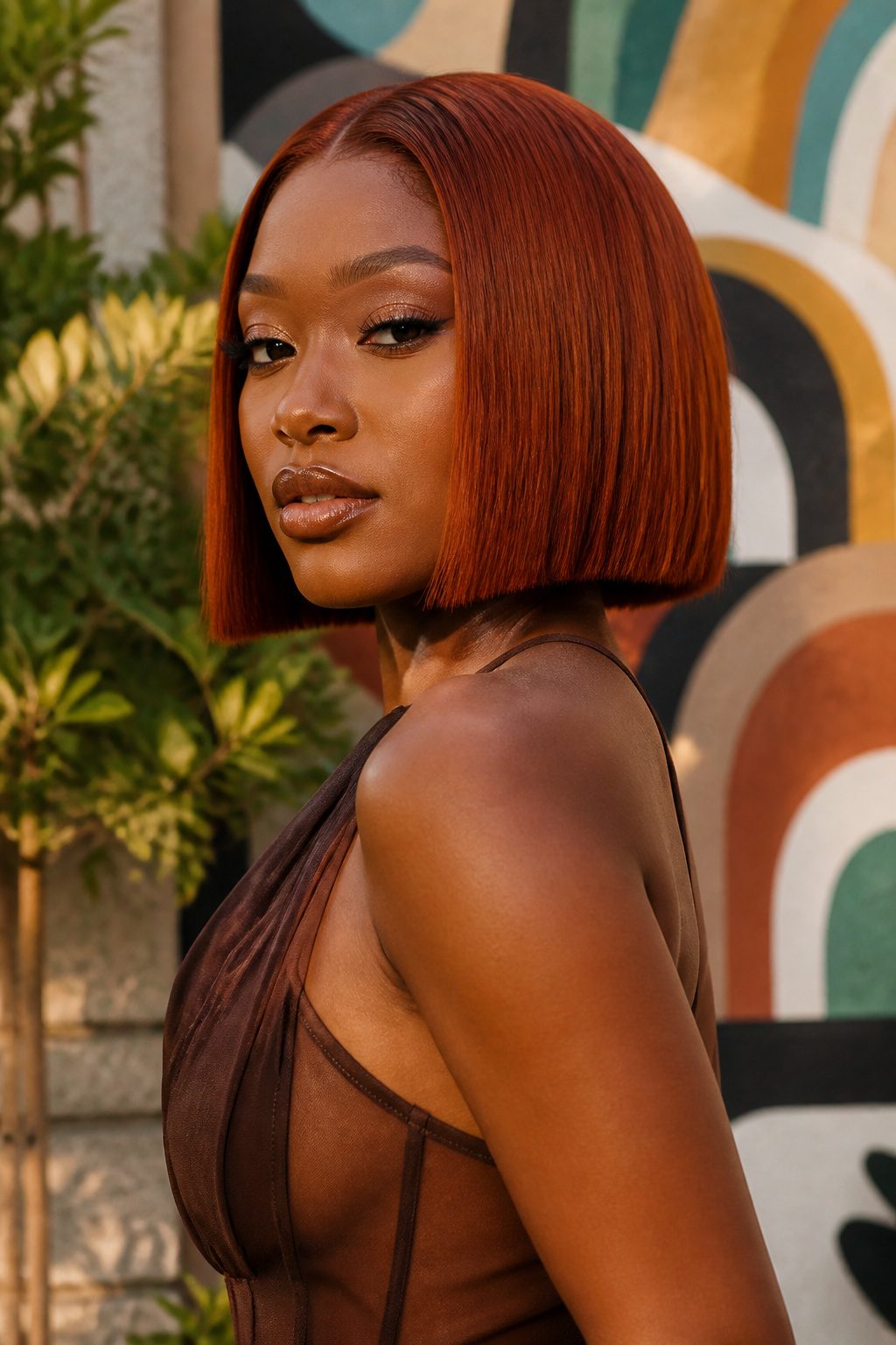 Model Keke Palmer with a blunt bob haircut in reddish brown.