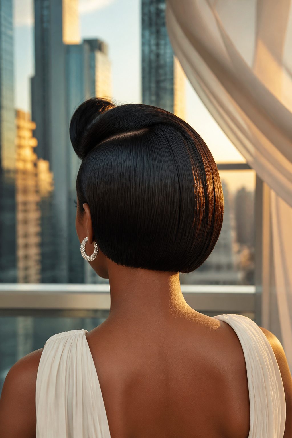 Model Kelly Rowland with a slicked bob and high crown swirl.