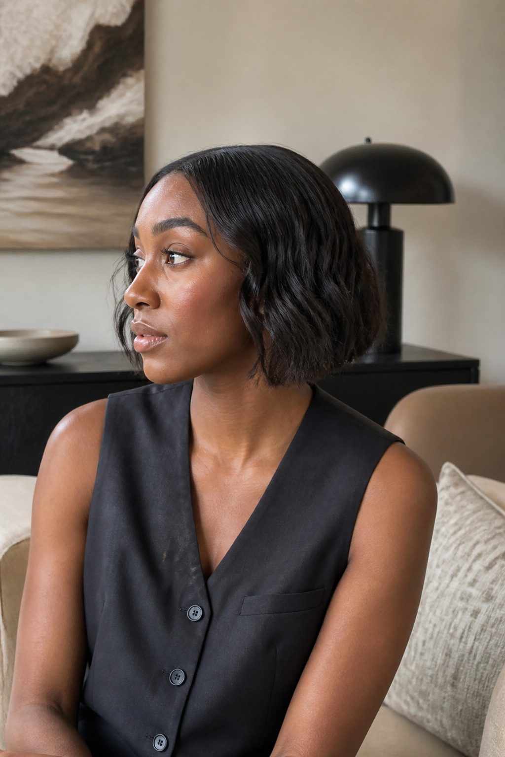 Model Ayo Edebiri with a bob hairstyle featuring loose waves.
