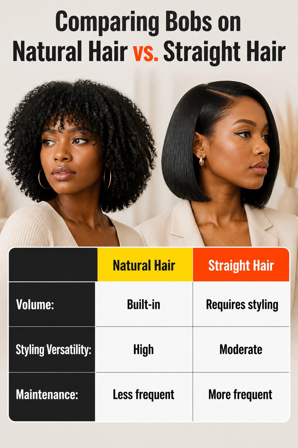Image comparing bobs on natural hair versus straight hair.