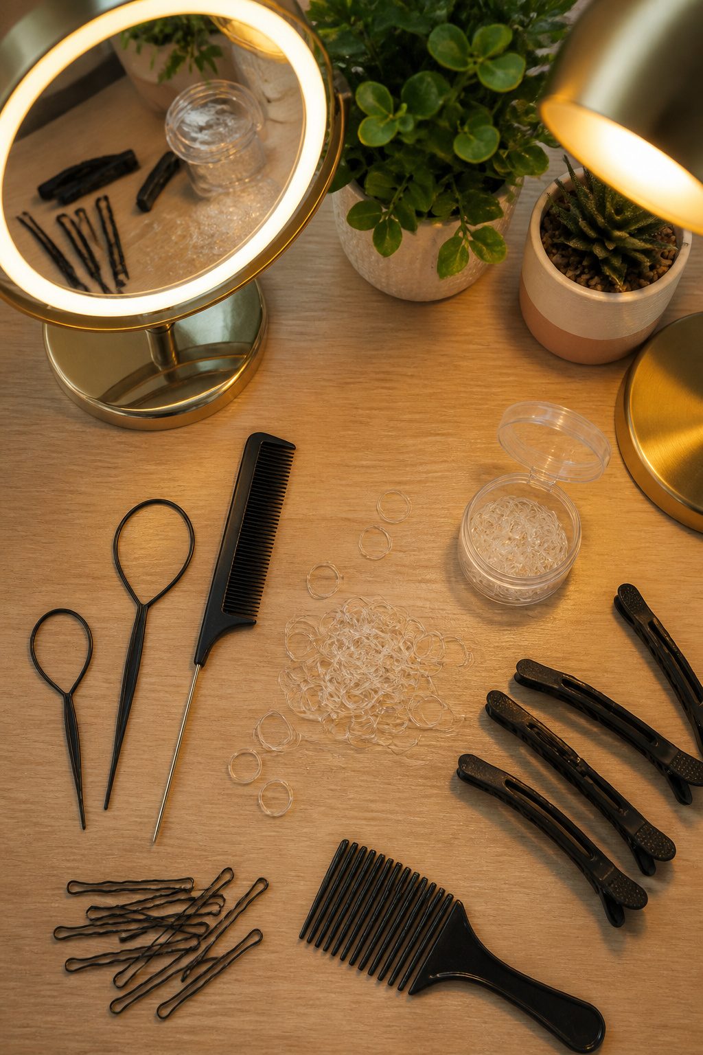 A rat-tail comb and small clear elastics arranged on a flat surface.