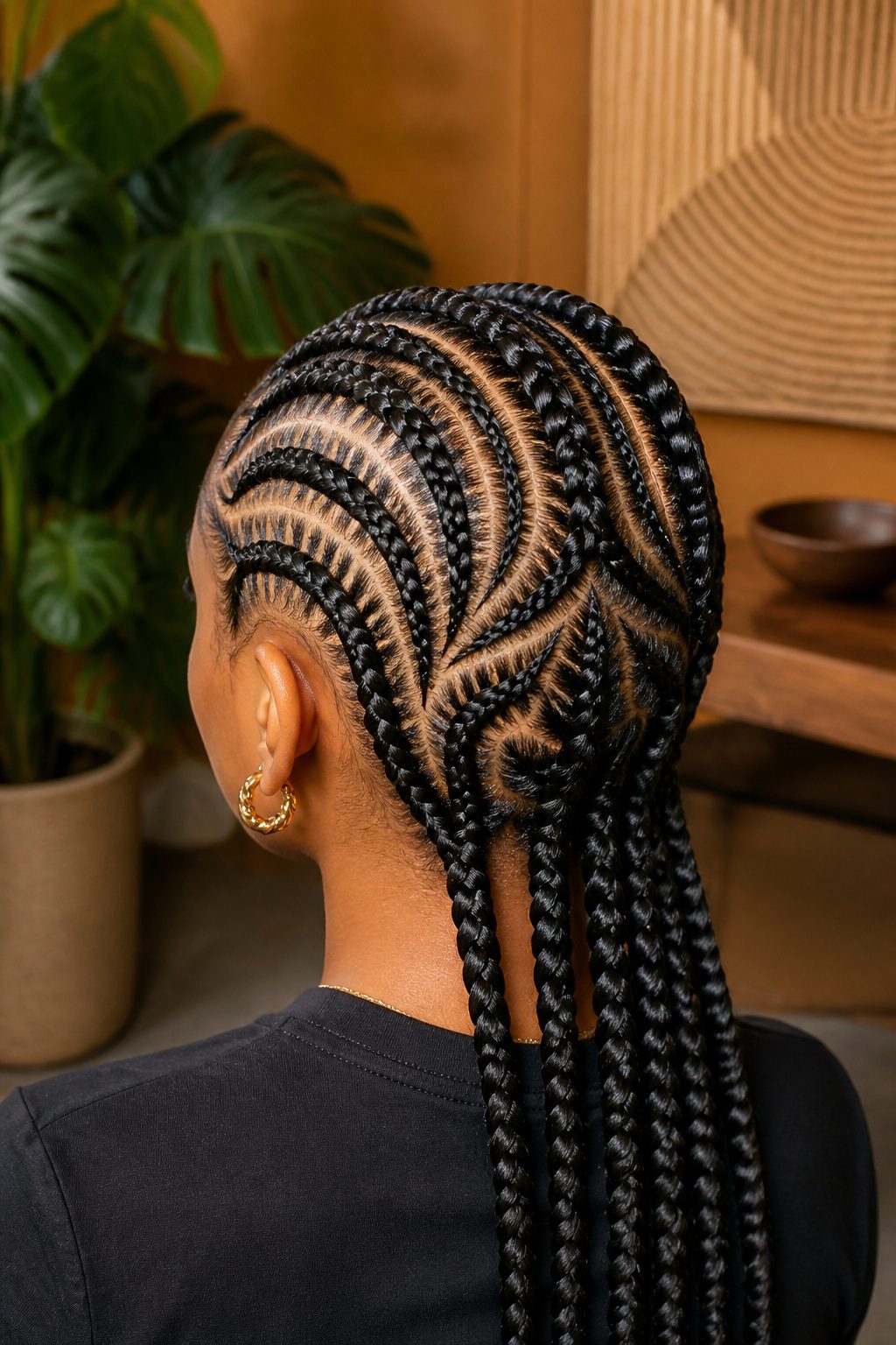 A close-up of a model's head featuring intricate cornrow braids.