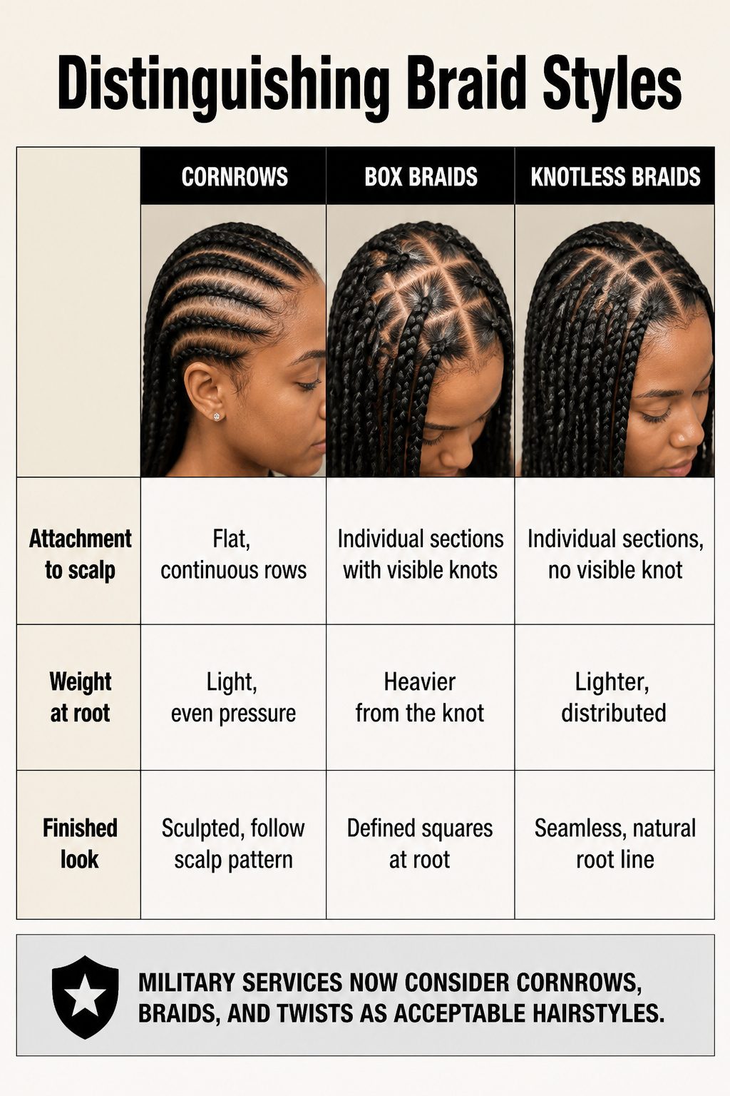 An informative image comparing cornrows, box braids, and knotless braids.