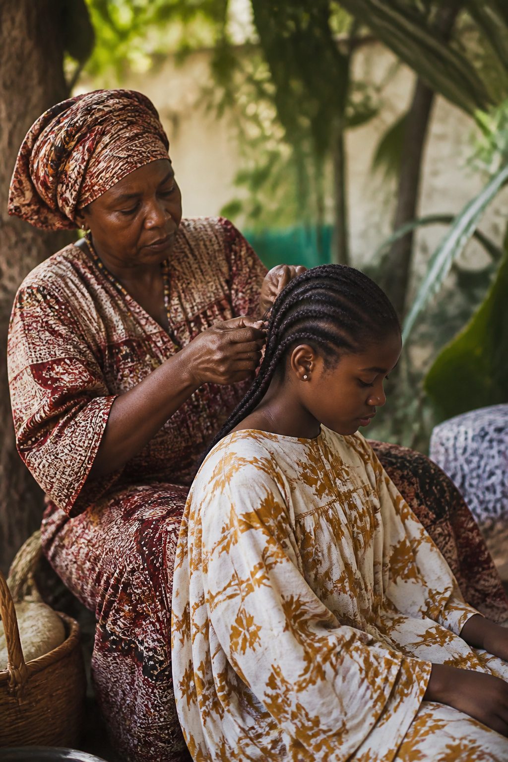 An elder and a young girl sharing a moment of hair braiding outdoors.