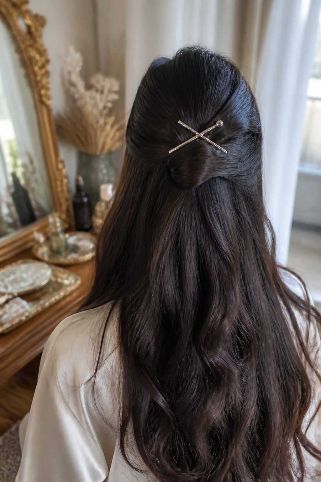 Headpiece Jewelry for Long Hairstyles in 2026 1 A silver hairpin in dark hair styled in a half-up twist.