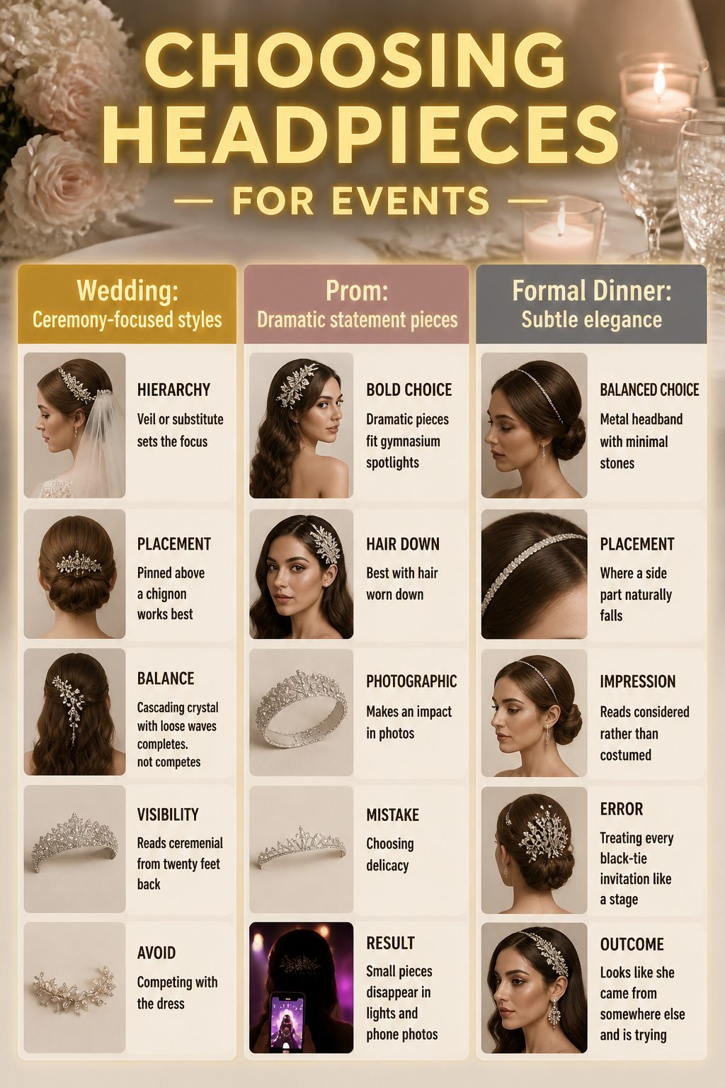 Headpiece Jewelry for Long Hairstyles in 2026 7 A graphic illustrating different headpieces suitable for various events.