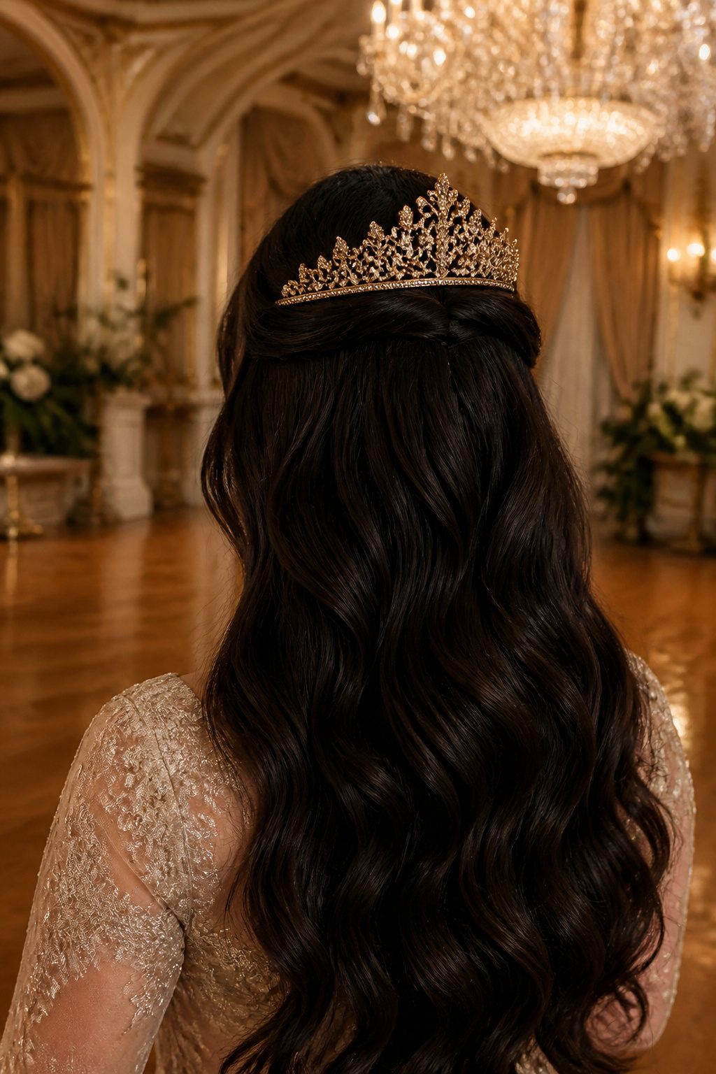 Headpiece Jewelry for Long Hairstyles in 2026 2 A tiara placed on long hair, showing its placement near the hairline.