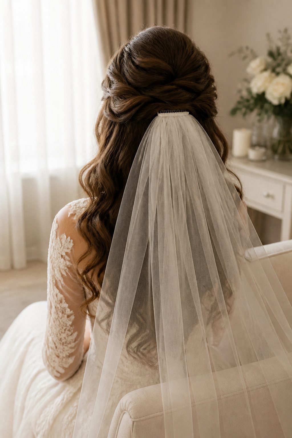 Headpiece Jewelry for Long Hairstyles in 2026 6 A bridal veil secured in long hair, showing volume at the crown.