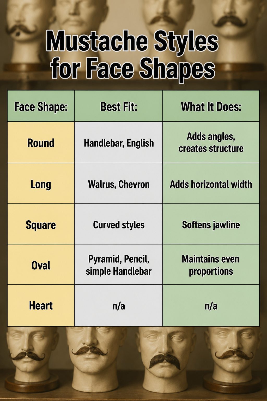 An infographic showing mustache styles for various face shapes.