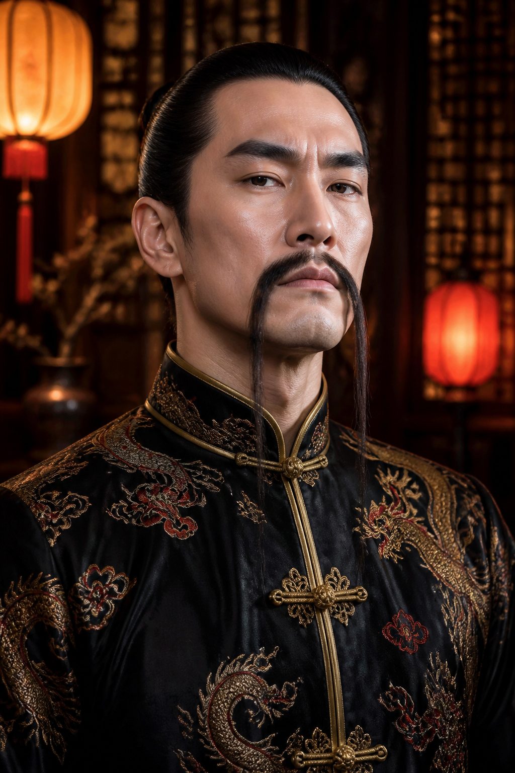 A Fu Manchu mustache hanging free with long tendrils.