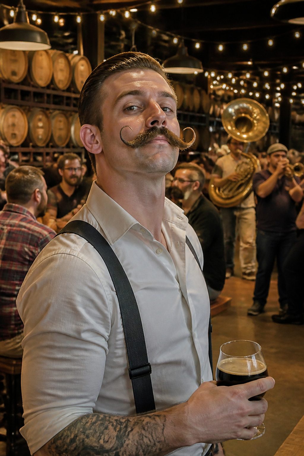 A handlebar mustache with long upward curls.