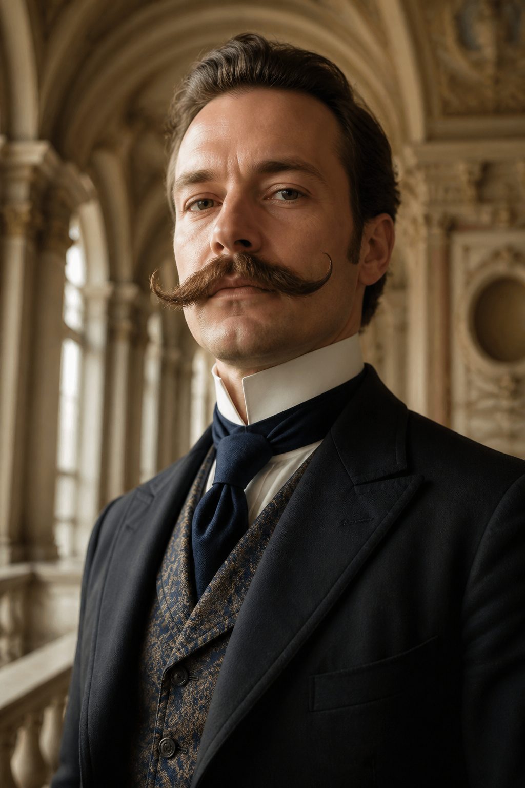 An Imperial mustache with natural upward curls.