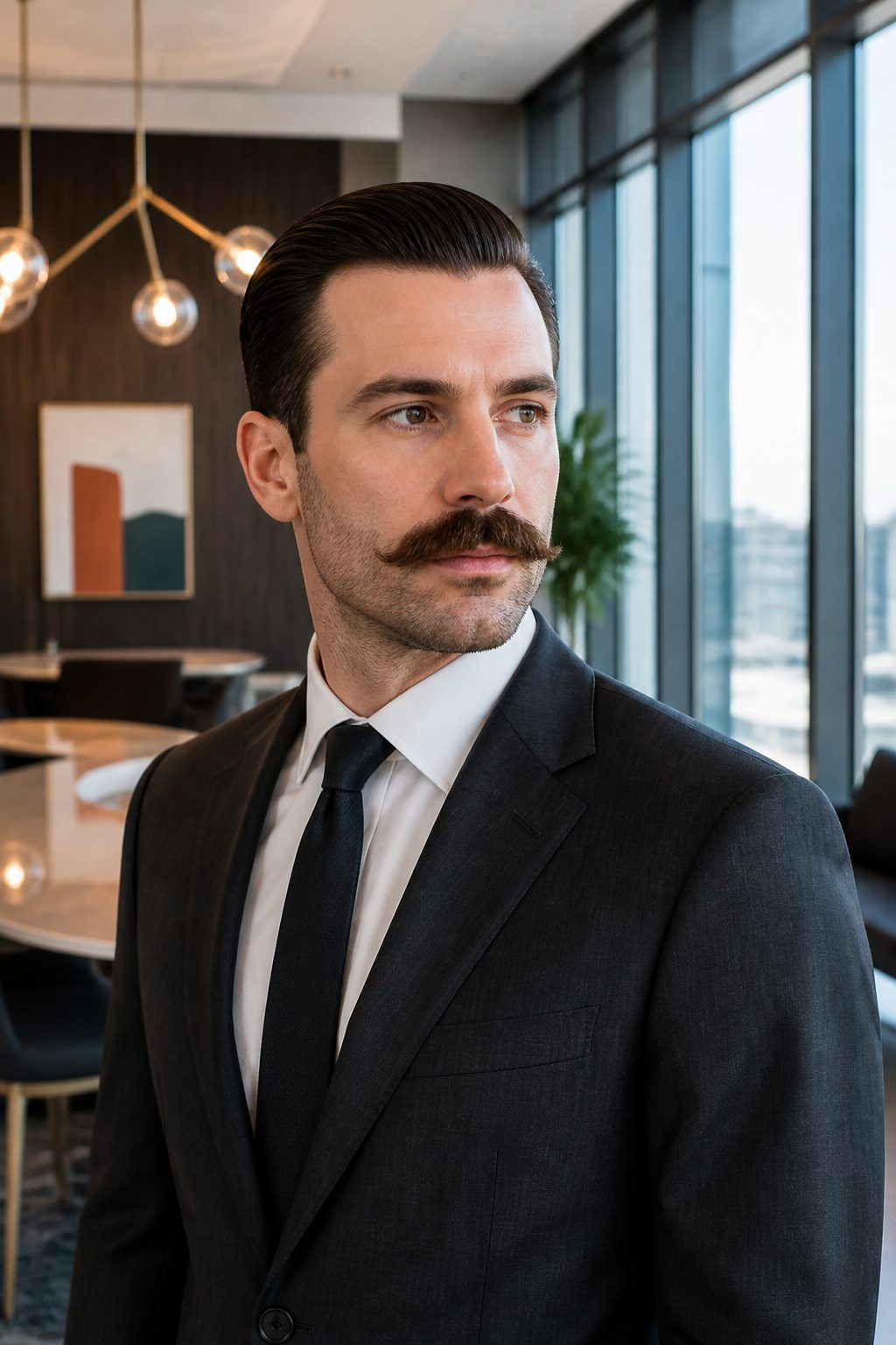 A lampshade mustache with a trapezoidal shape.