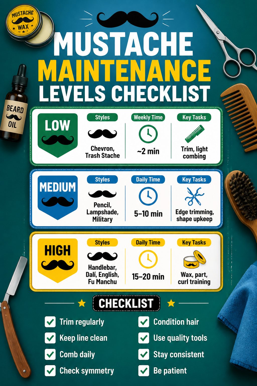 A checklist of mustache maintenance levels and tasks.