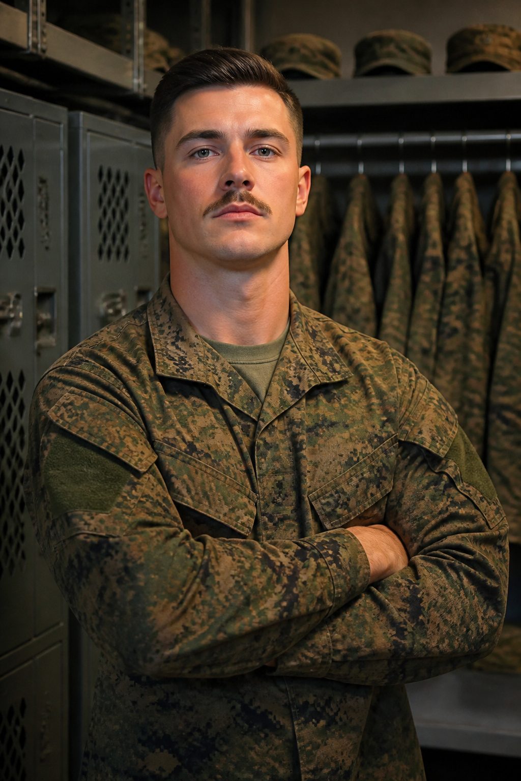 A short military mustache with clean lines.