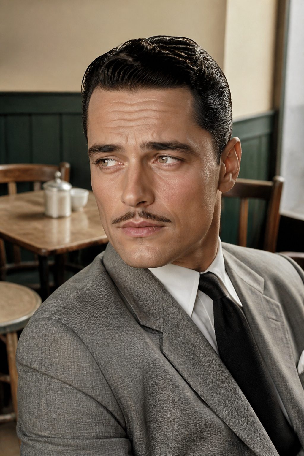 A thin pencil mustache above clean-shaven cheeks.