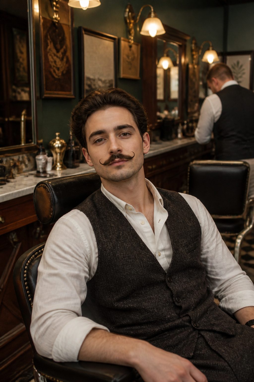 A petite handlebar mustache with short curled edges.