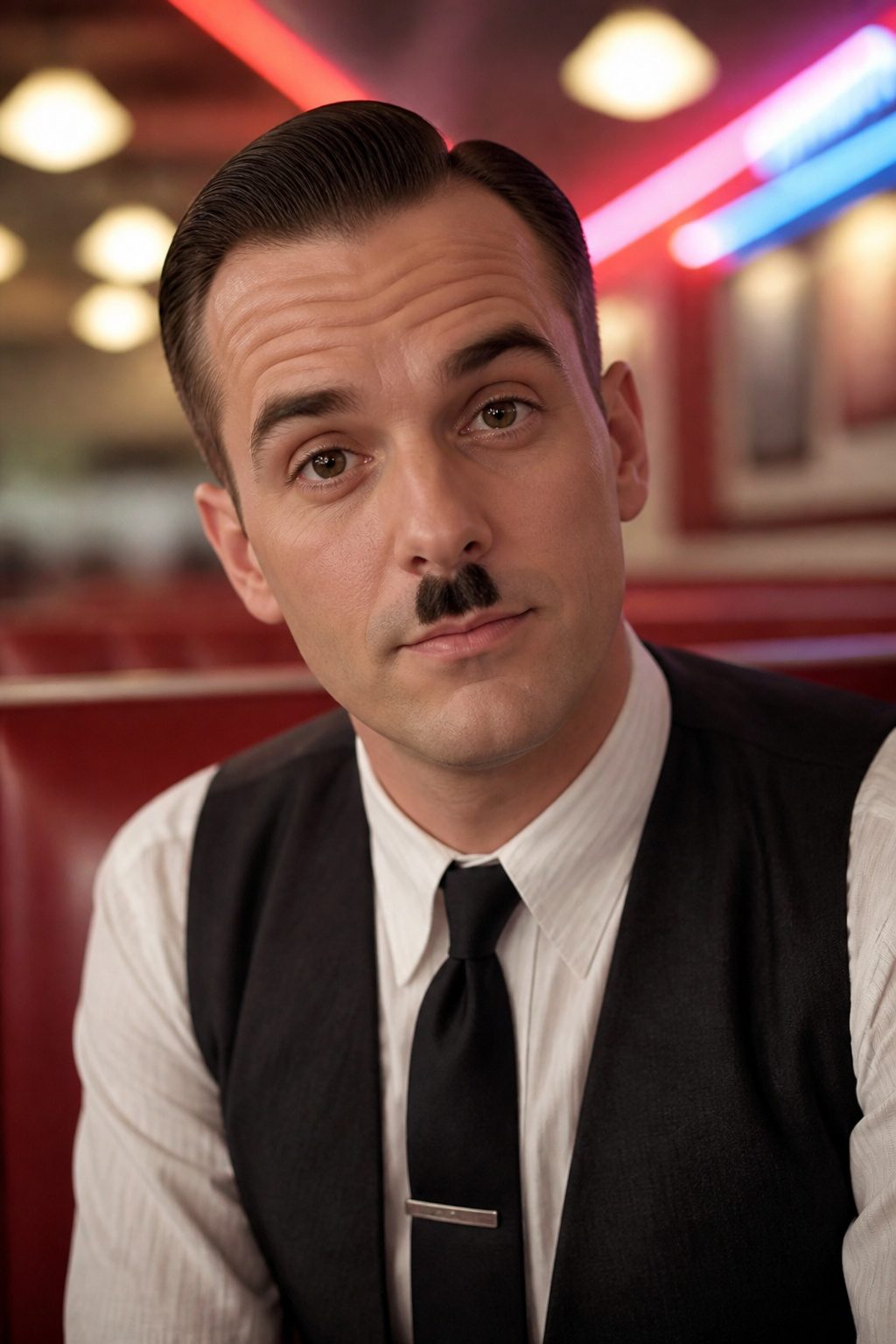 A narrow toothbrush mustache trimmed to the width of the nose.