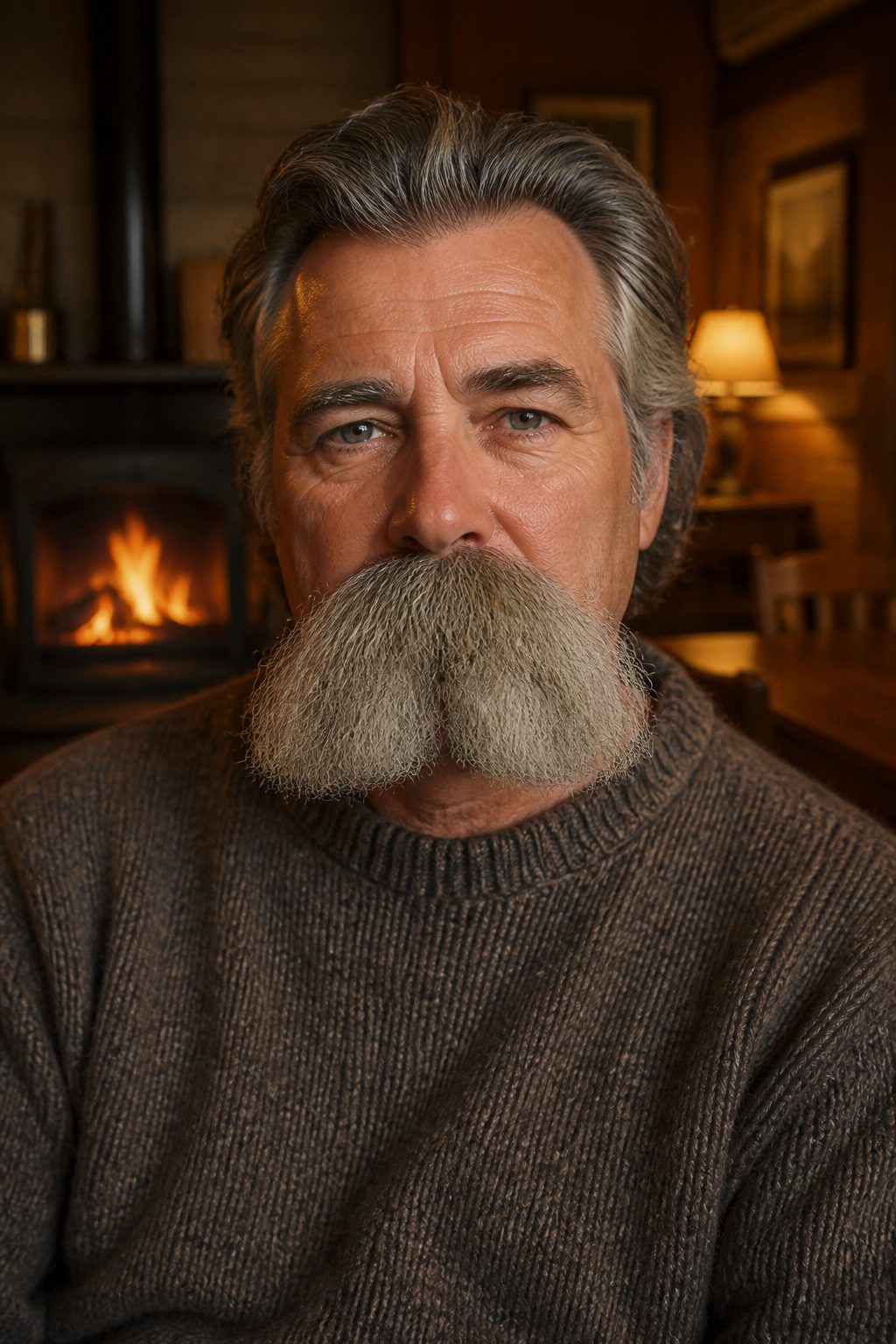 A thick walrus mustache covering the bottom lip.