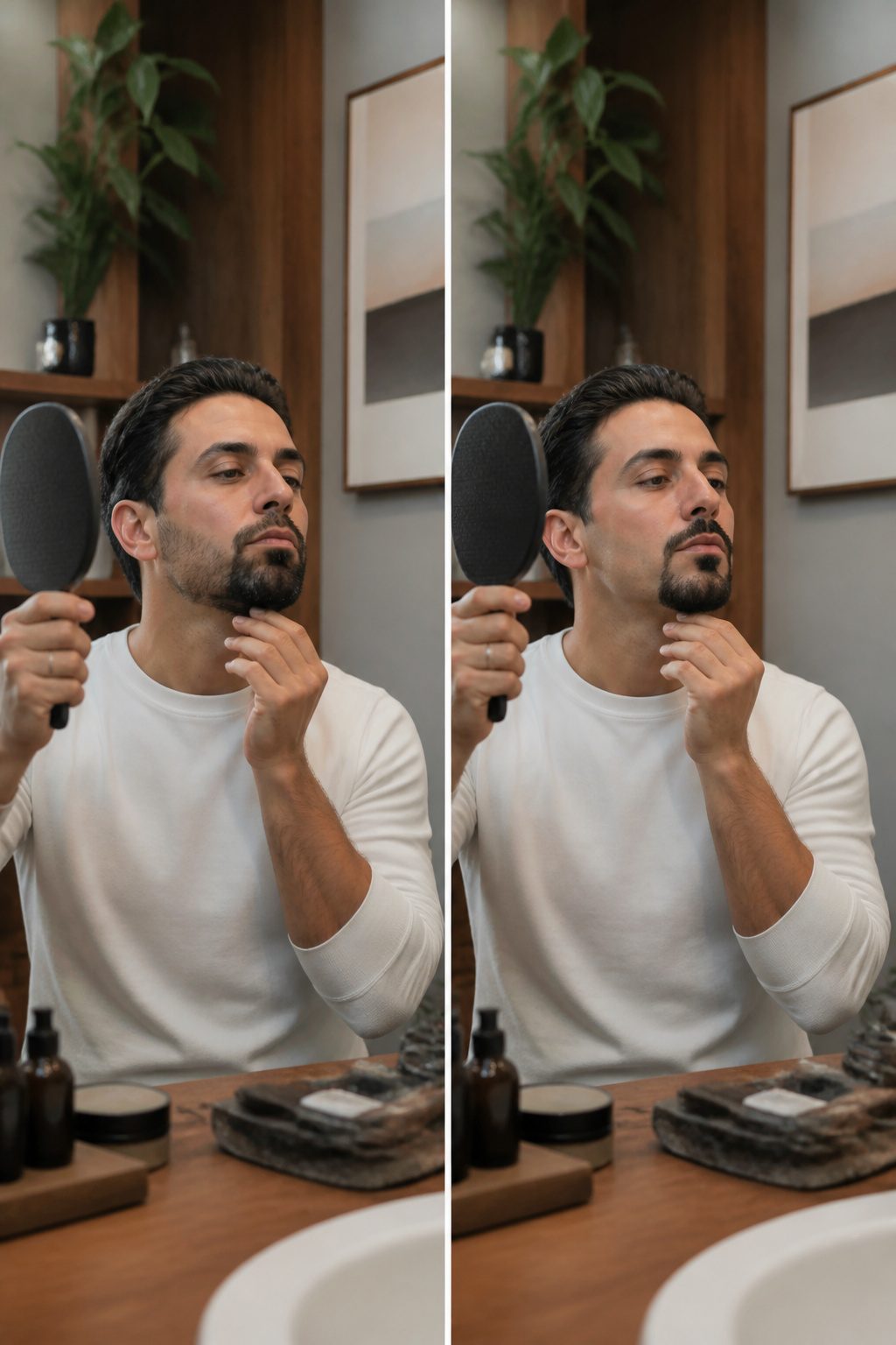 Van Duke Beard Style: Step-by-Step Guide to the 2026 Classic Look 5 Model inspecting the symmetry of his Van Dyke beard in a mirror.