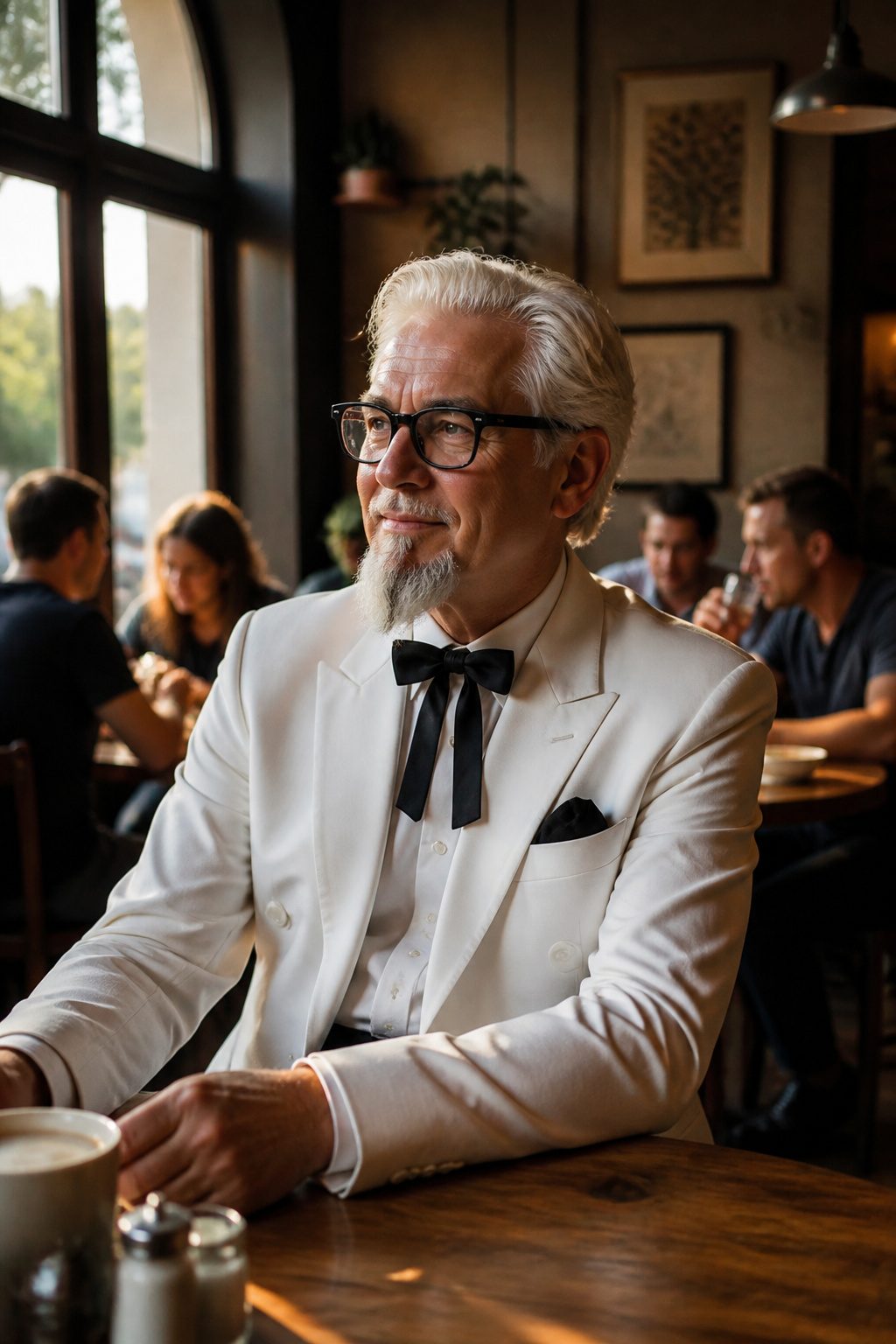 Van Duke Beard Style: Step-by-Step Guide to the 2026 Classic Look 13 Model with a Van Dyke beard reminiscent of Colonel Sanders in a café.