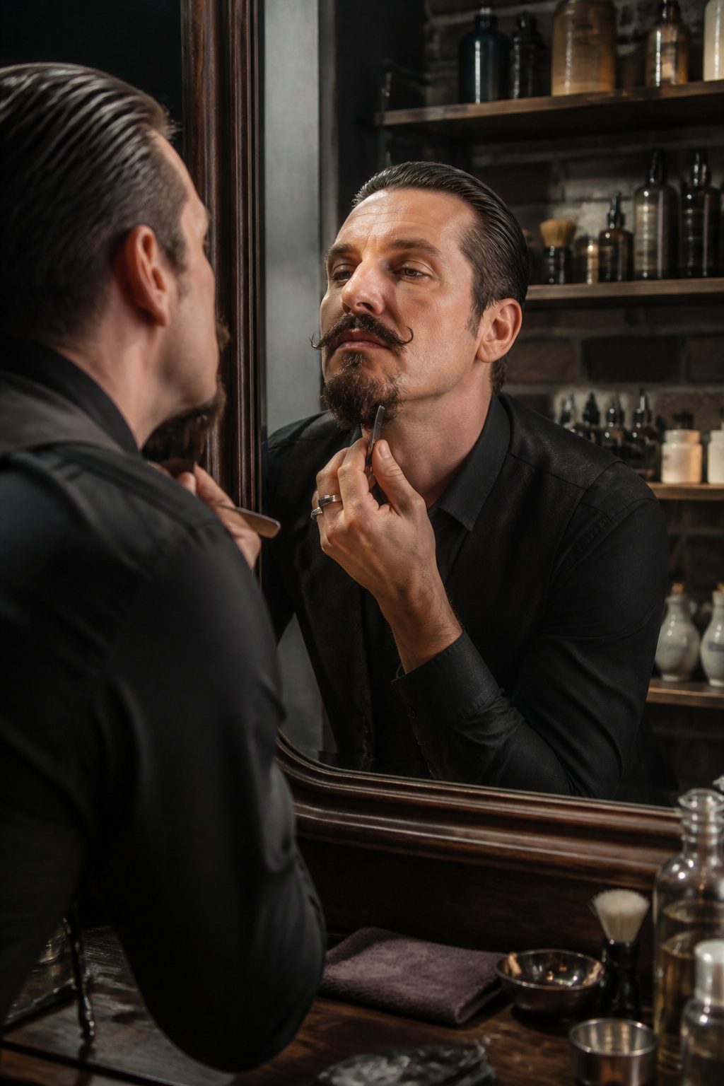 Van Duke Beard Style: Step-by-Step Guide to the 2026 Classic Look 4 Model using a straight razor to shape his Van Dyke beard.