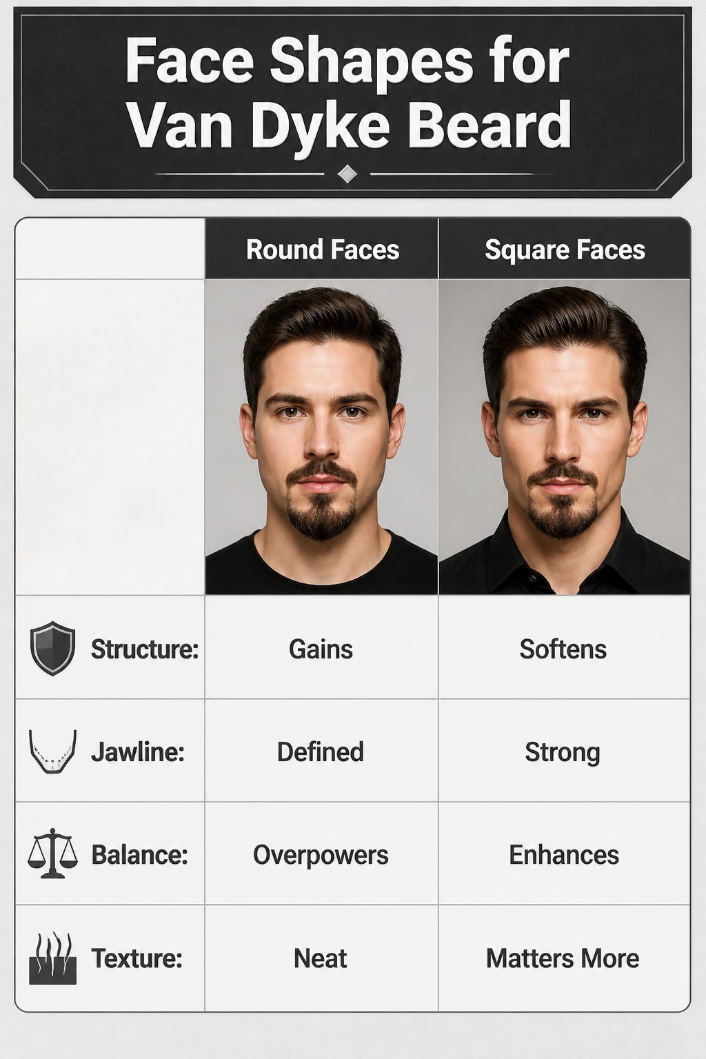 Van Duke Beard Style: Step-by-Step Guide to the 2026 Classic Look 12 Infographic showing face shapes suitable for the Van Dyke beard.
