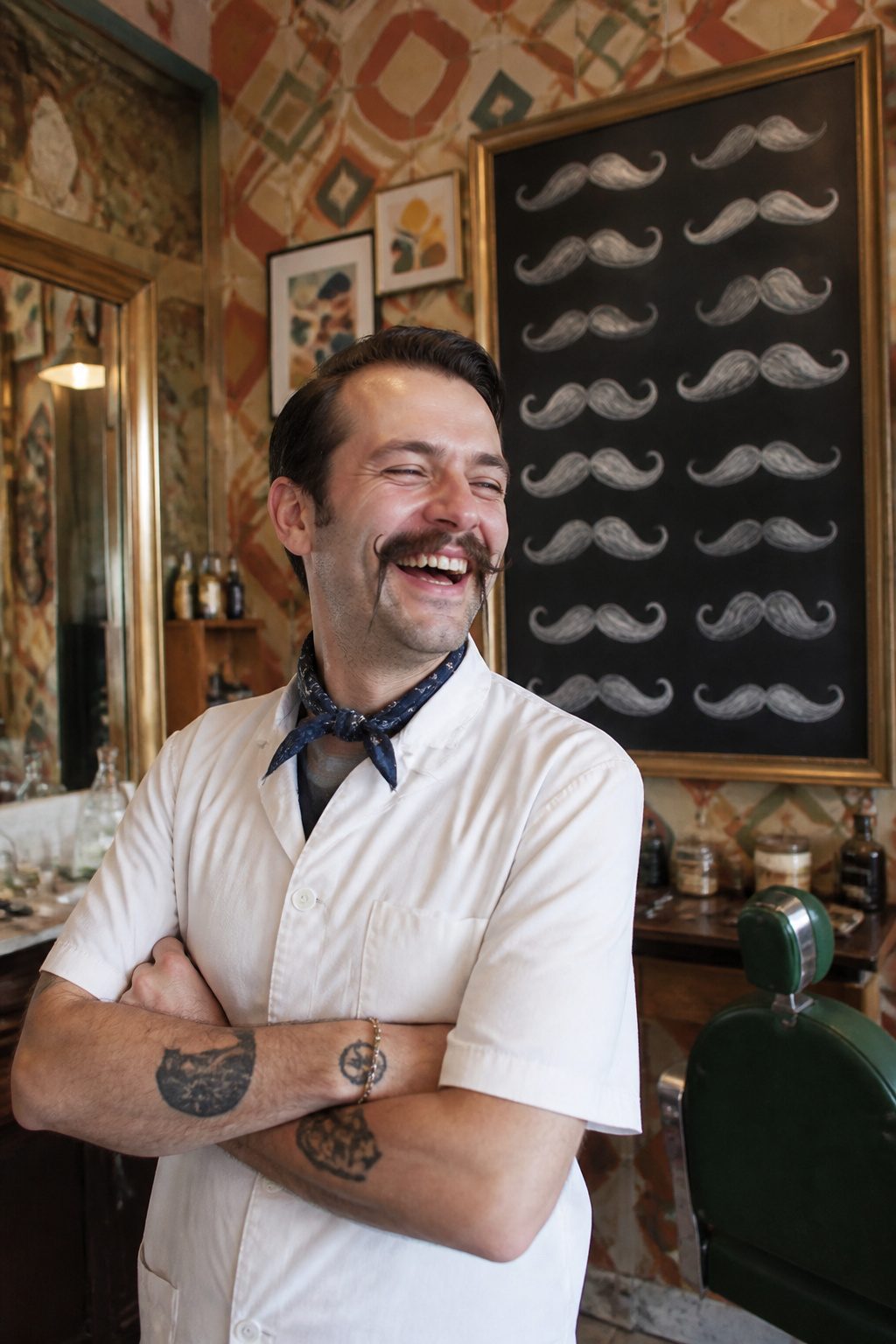 Van Duke Beard Style: Step-by-Step Guide to the 2026 Classic Look 11 Model with a mistletoe mustache in a vibrant barbershop.