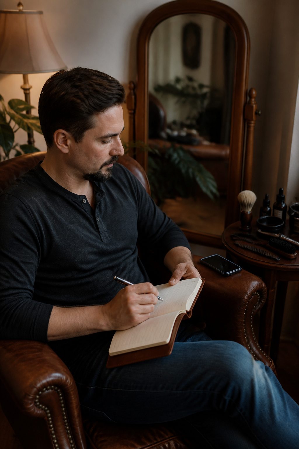 Van Duke Beard Style: Step-by-Step Guide to the 2026 Classic Look 7 Model planning grooming schedule in a cozy living room.
