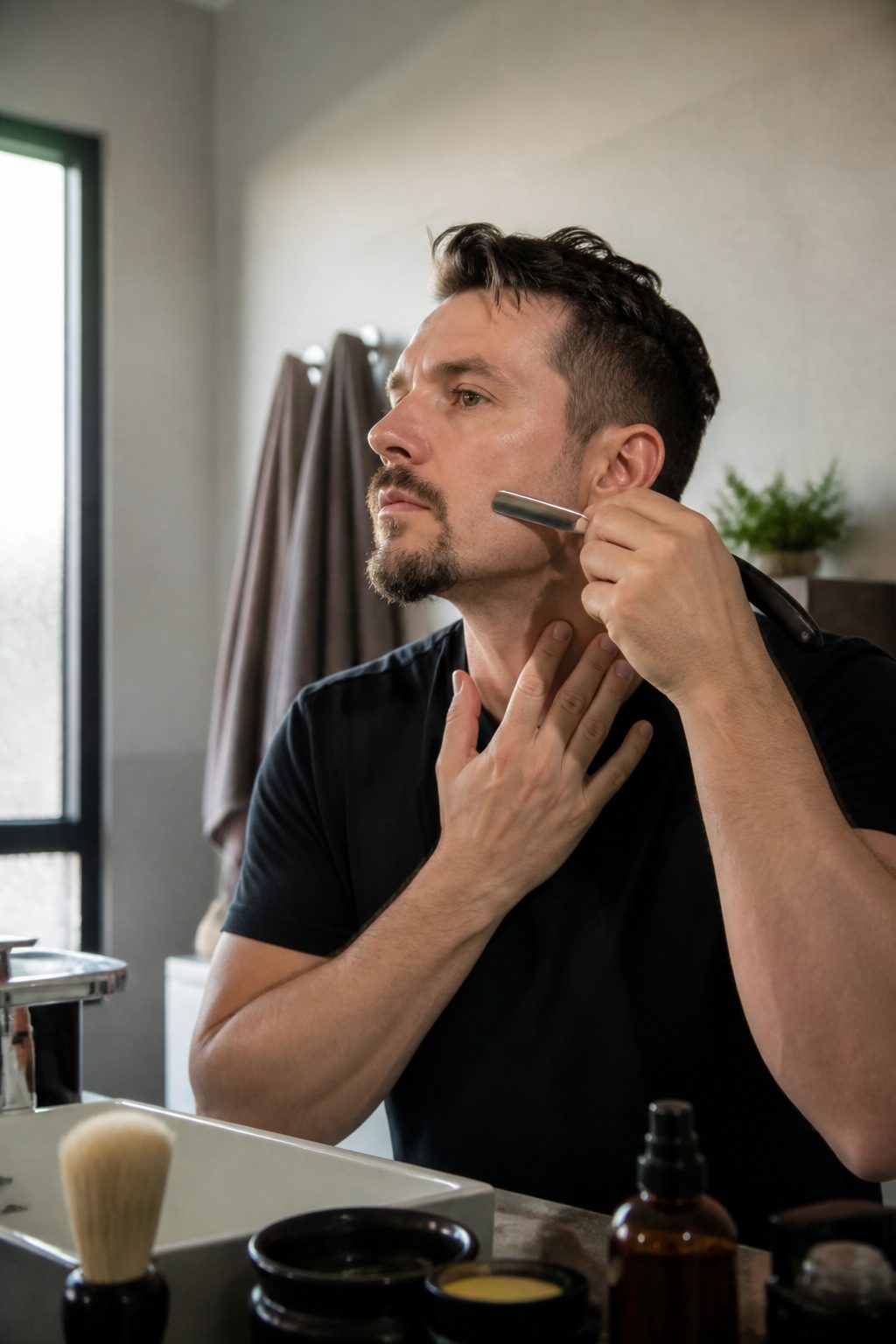 Van Duke Beard Style: Step-by-Step Guide to the 2026 Classic Look 6 Model shaving his cheeks in a modern bathroom.
