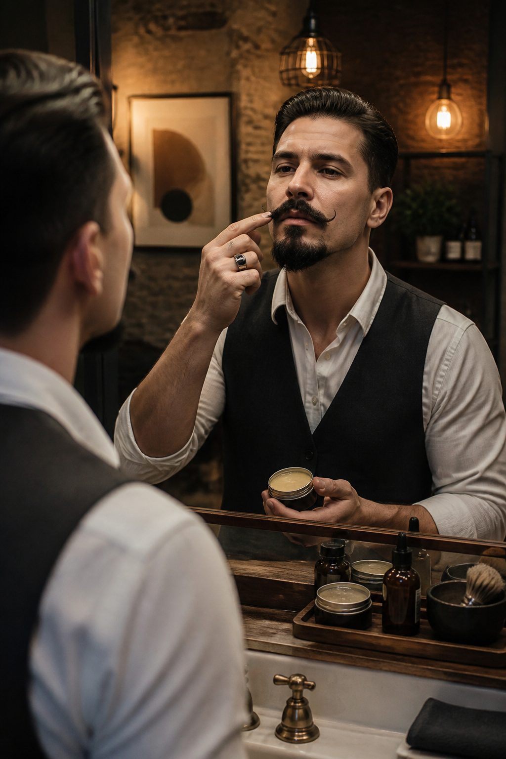 Van Duke Beard Style: Step-by-Step Guide to the 2026 Classic Look 8 Model applying mustache wax in a chic grooming studio.