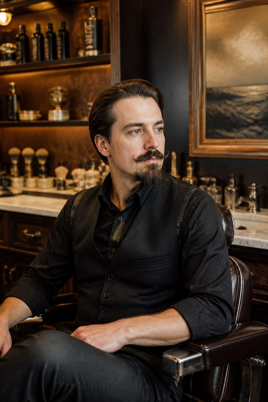Van Duke Beard Style: Step-by-Step Guide to the 2026 Classic Look 9 Model with a traditional pointed Van Dyke beard in a barbershop.
