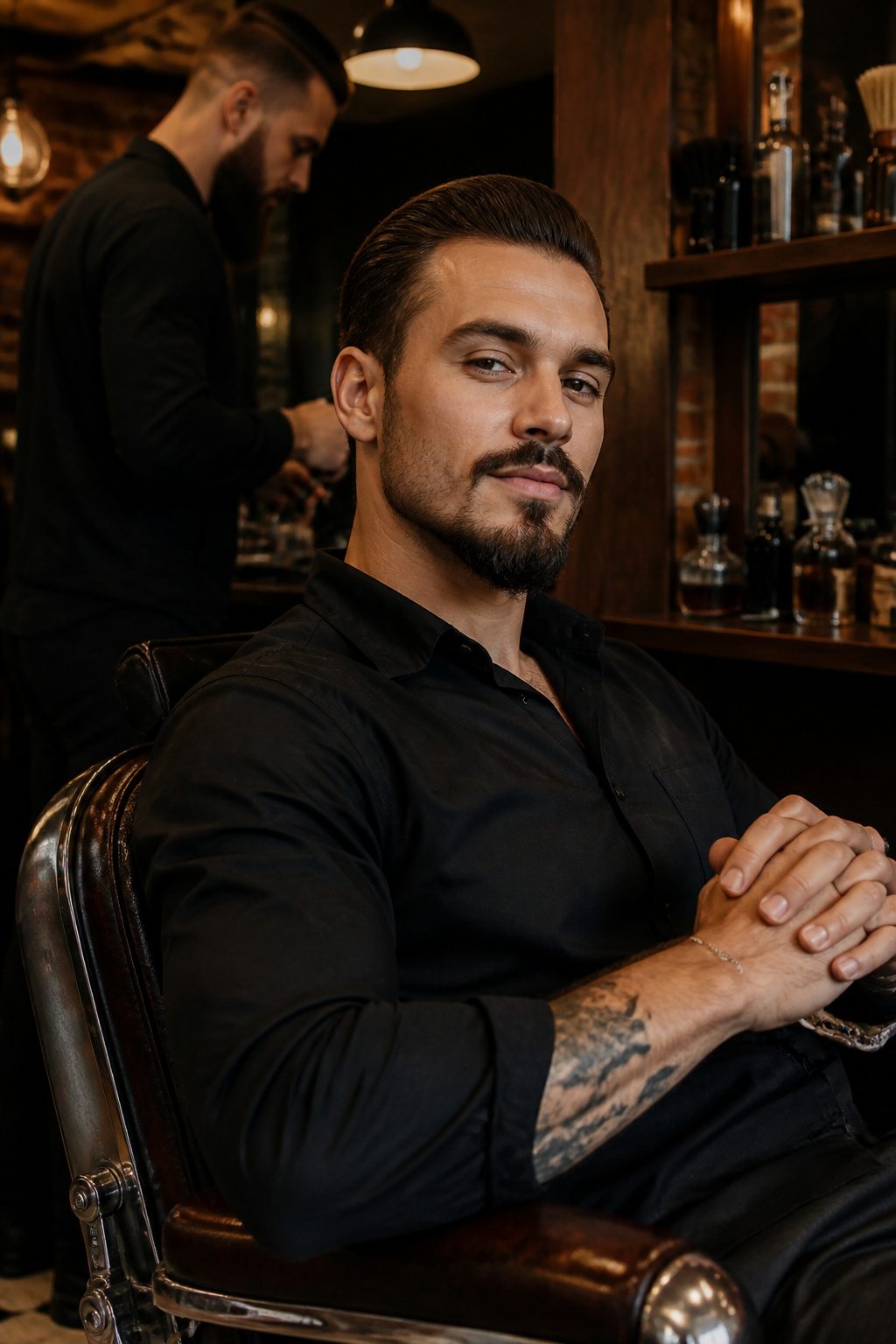 Van Duke Beard Style: Step-by-Step Guide to the 2026 Classic Look 3 Model in a barbershop with a neatly trimmed Van Dyke beard.
