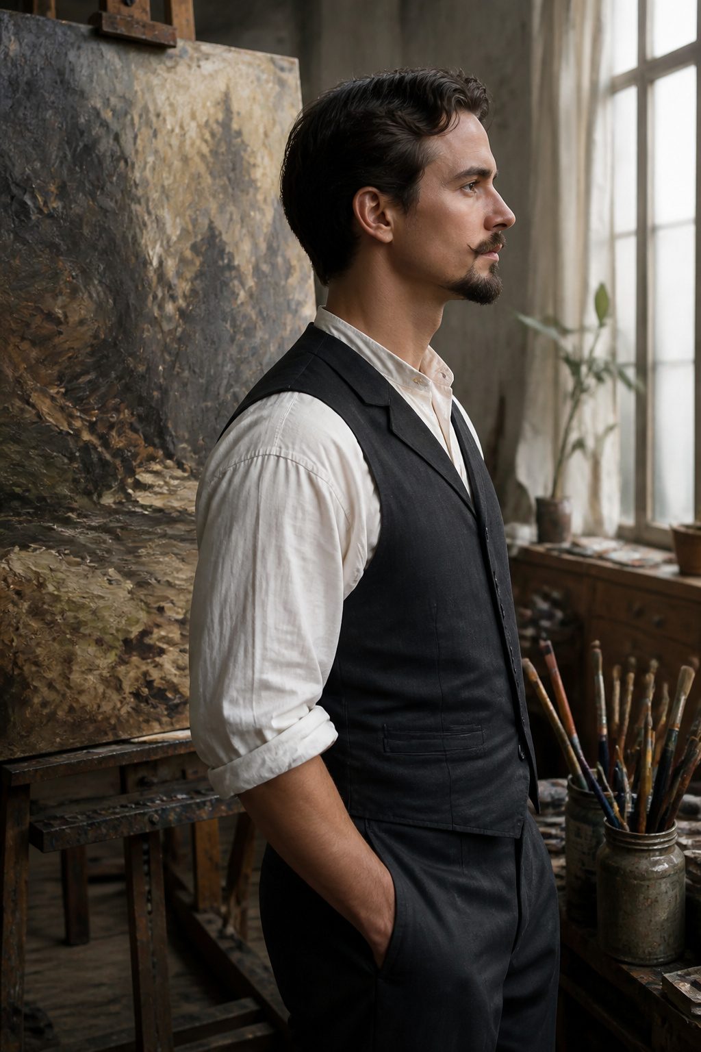 Van Duke Beard Style: Step-by-Step Guide to the 2026 Classic Look 1 Model with a Van Dyke beard standing in profile in an artist's studio.