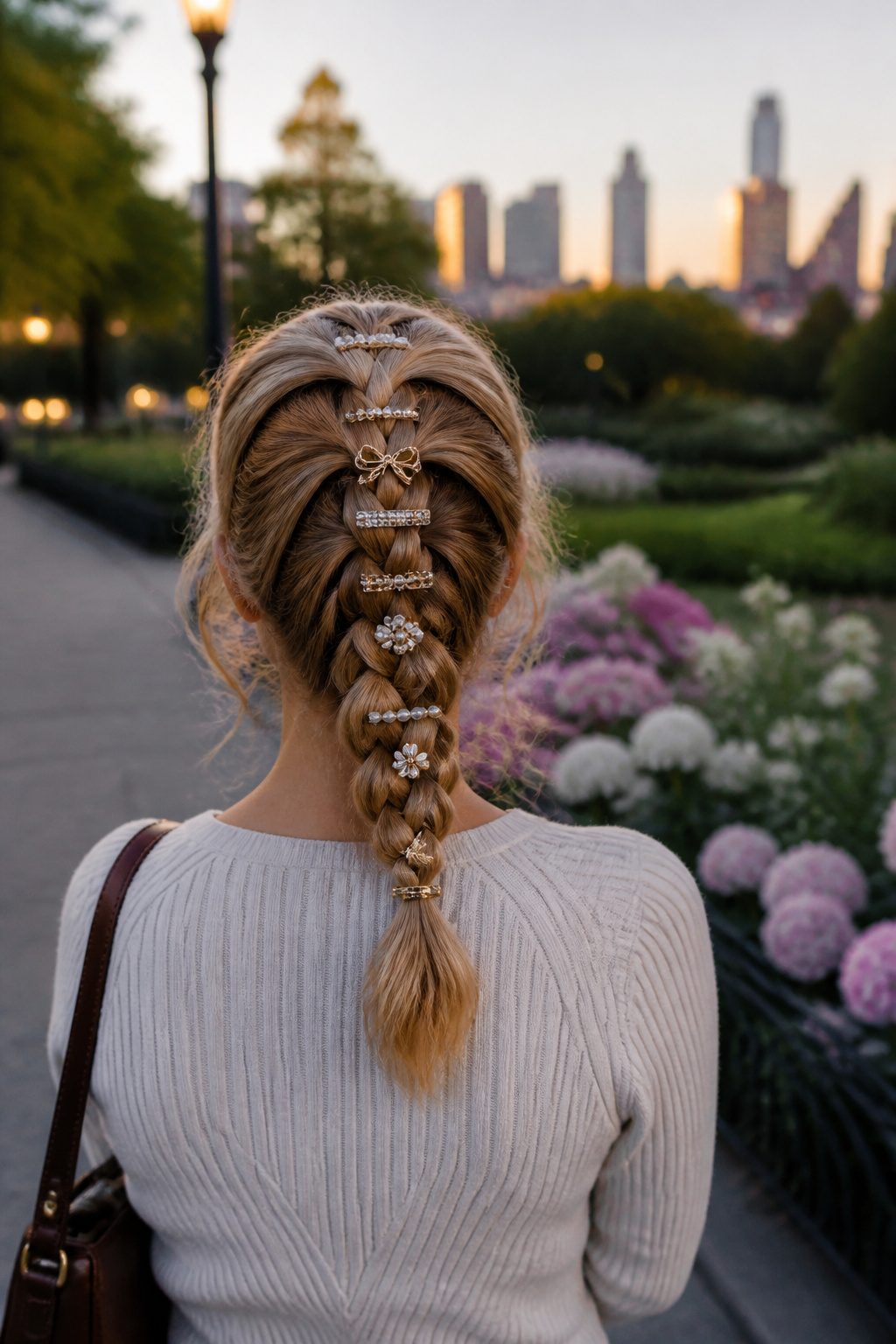 Dutch braid with various barrettes stacked along its length in a park.