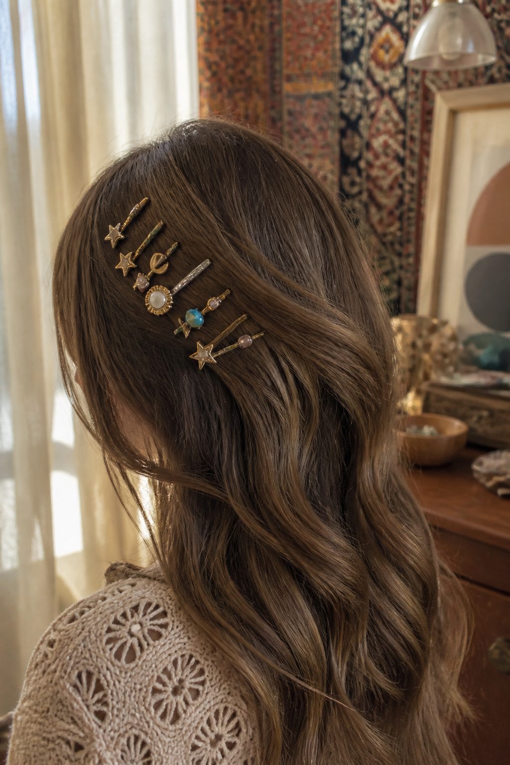 Array of small colorful barrettes stacked along a woman's side-parted hair.