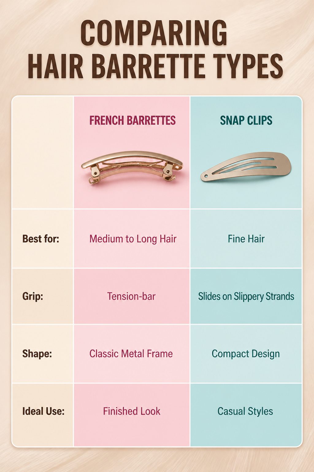Various hair barrettes including French, snap, and alligator clips for different hair types.