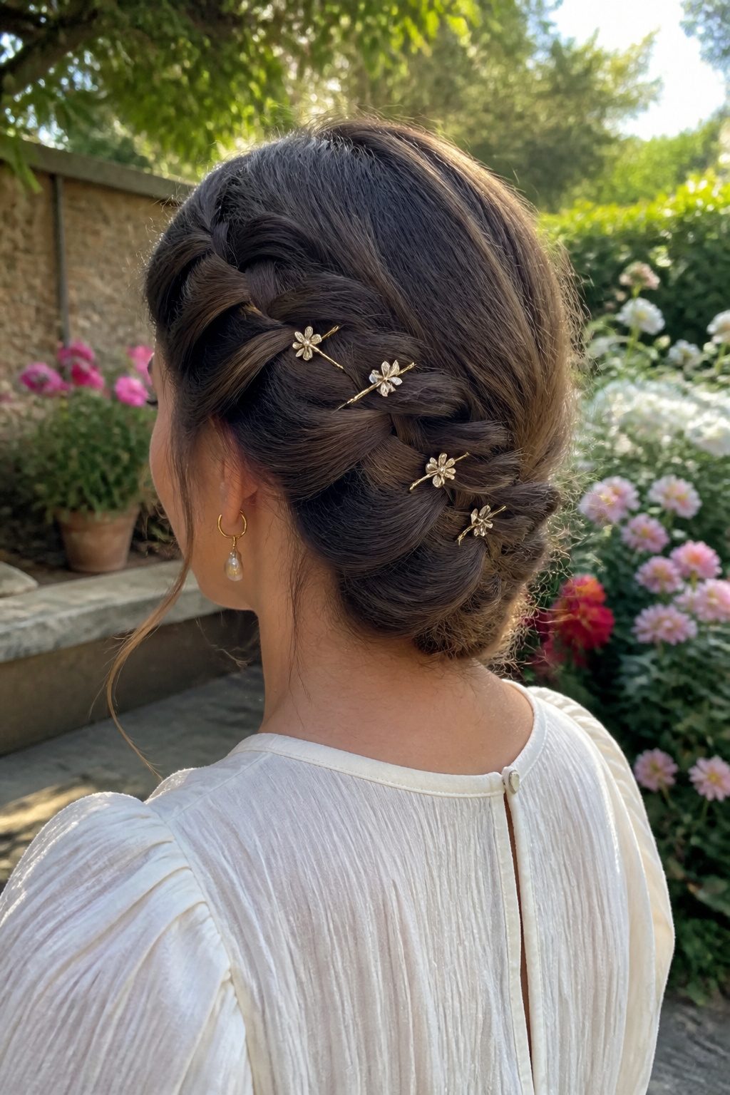 French braid behind the ear secured with delicate clips in a garden.