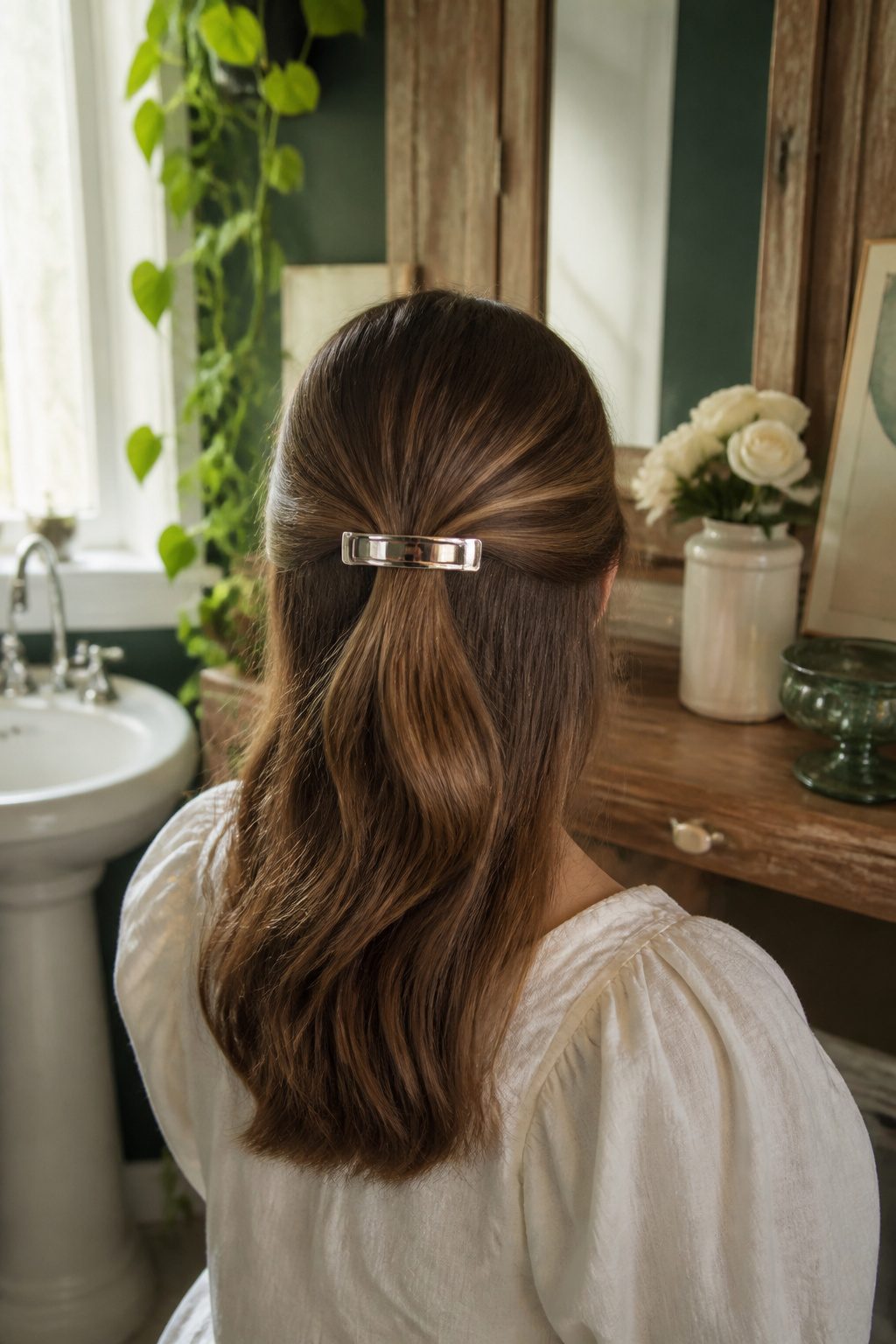 Woman demonstrating the Front Pulled Back hairstyle with a silver French barrette.